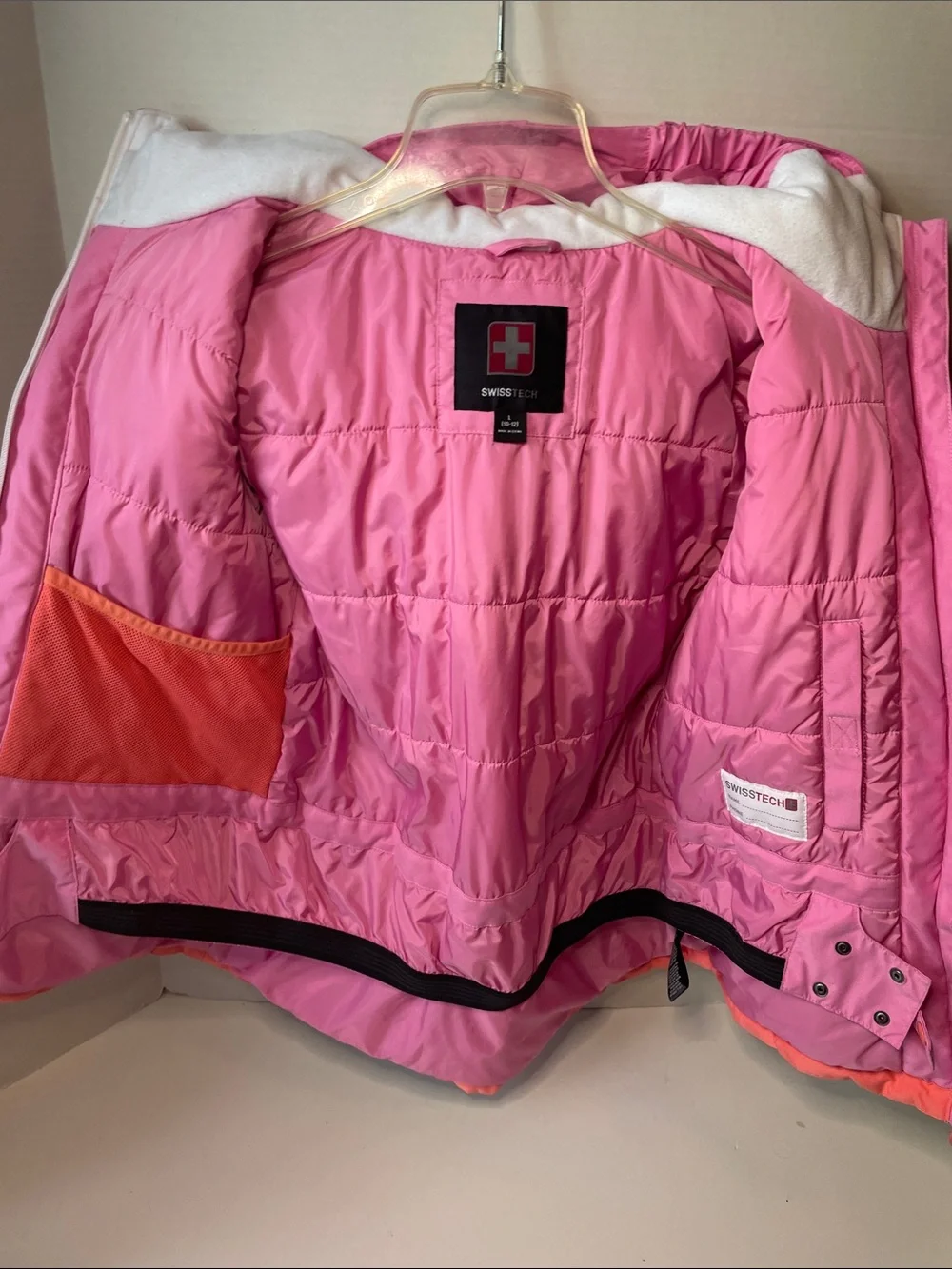 Swiss Tech Size 10-12  Girls Pink & Coral Colorblock Hooded Puffer Coat